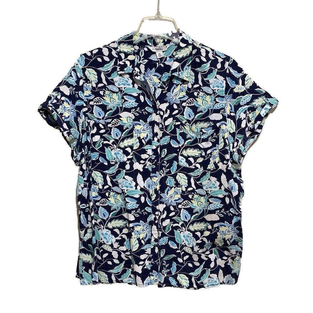 Croft & Barrow Blouse Button-Up Womens XXL Blue White Floral Short Sleeve